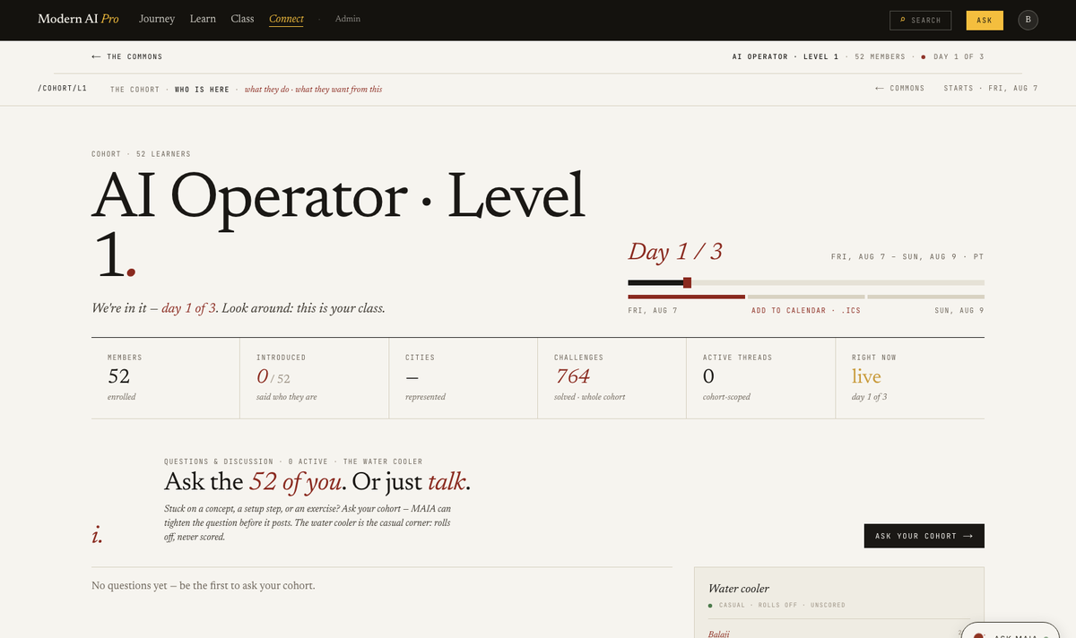 Live cohort page — day 1 of 3, 52 learners