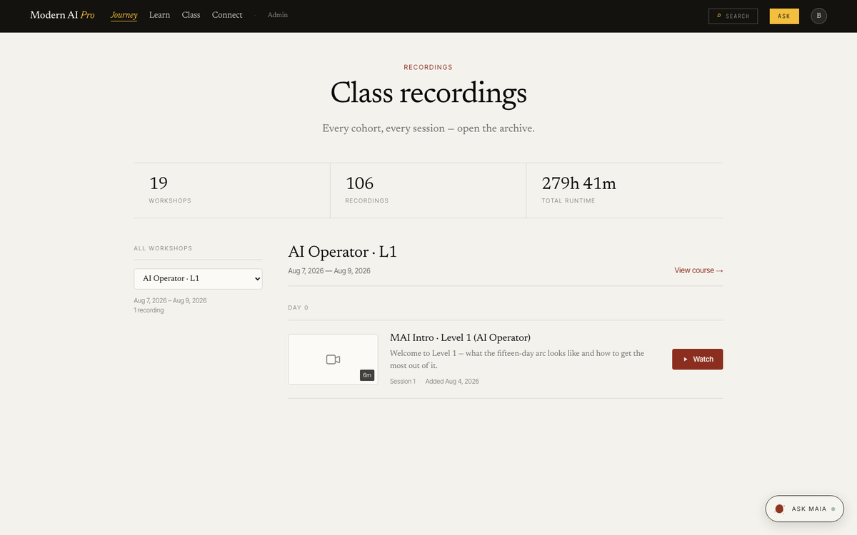 Class recordings archive — 106 recordings, 279 hours